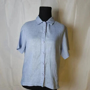 SOLD Eileen Fisher 100% Irish Linen Short Sleeve Blue Womens Blouse Sz‎ PS